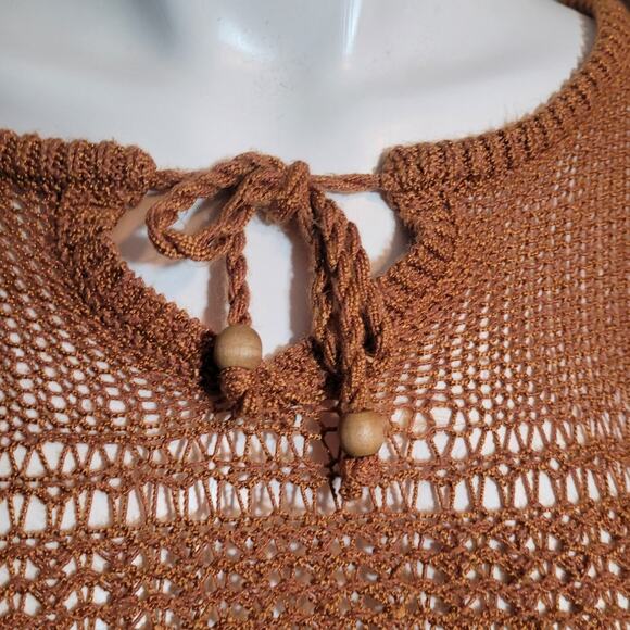 Lucky Brand Boho Crochet Sweater Brown Tie Neck Open Knit Semi Sheer Top Small - Picture 3 of 10